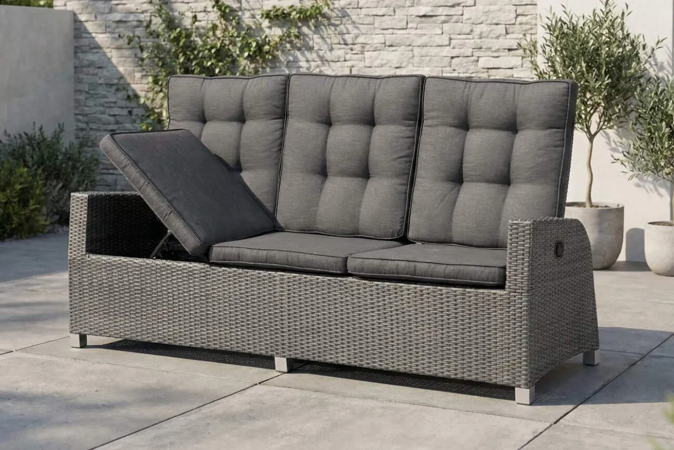 OUTFLEXX Rocking Comfort Dining / Lounge 3-Sitzer Sofa, grau/braun-meliert, Polyrattan, 210x85x112 cm, verstellbar