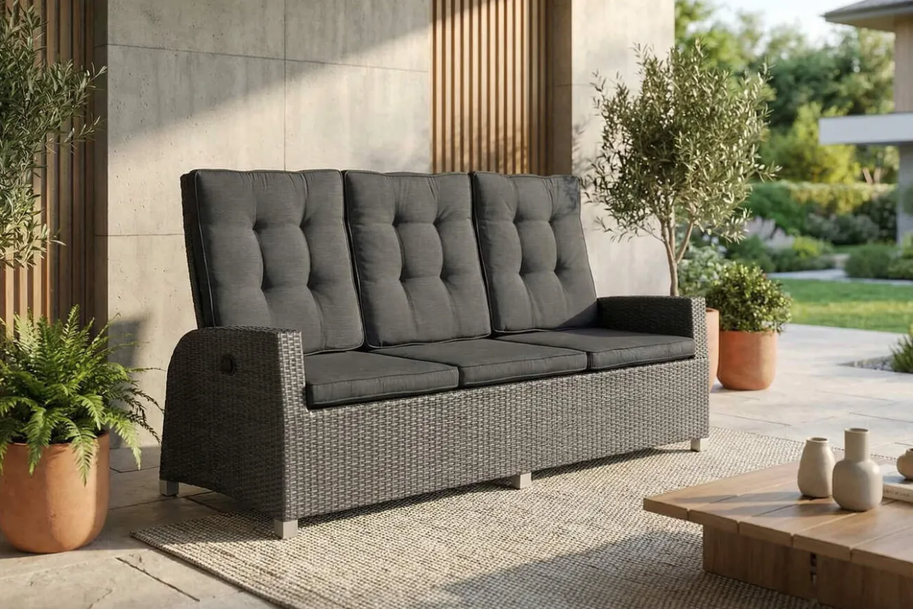 OUTFLEXX Rocking Comfort Dining / Lounge 3-Sitzer Sofa, grau/braun-meliert, Polyrattan, 210x85x112 cm, verstellbar