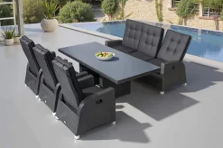 OUTFLEXX Rocking Comfort Garten-Essgruppe, grau/braun-meliert, Polyrattan, Tisch 220 x 100 cm, 3 Loungesessel+3-Sitzer