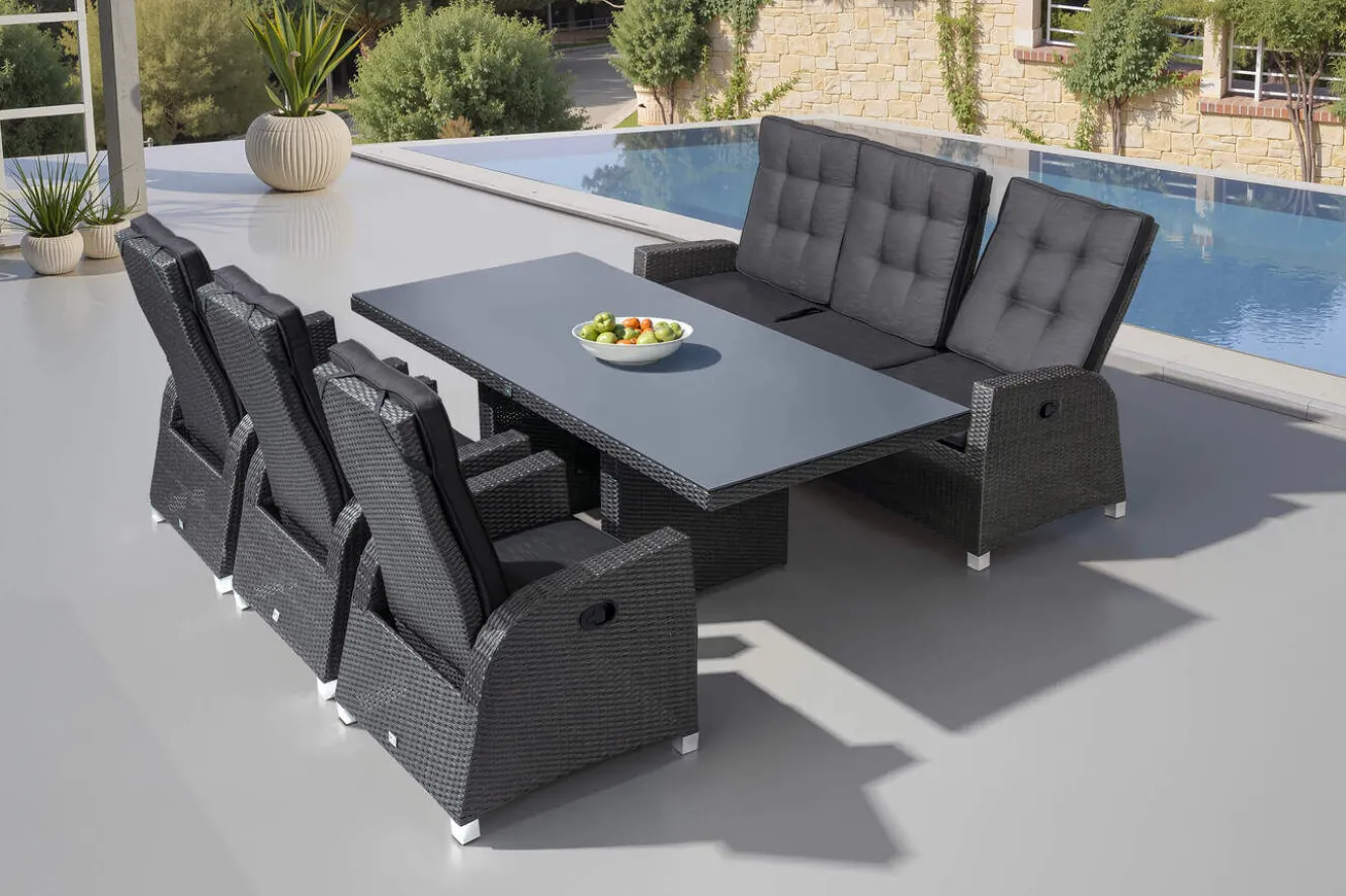 OUTFLEXX Rocking Comfort Garten-Essgruppe, grau/braun-meliert, Polyrattan, Tisch 220 x 100 cm, 3 Loungesessel+3-Sitzer