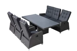 OUTFLEXX Rocking Comfort Garten-Essgruppe, grau/braun-meliert, Polyrattan, Tisch 220 x 100 cm, 3 Loungesessel+3-Sitzer