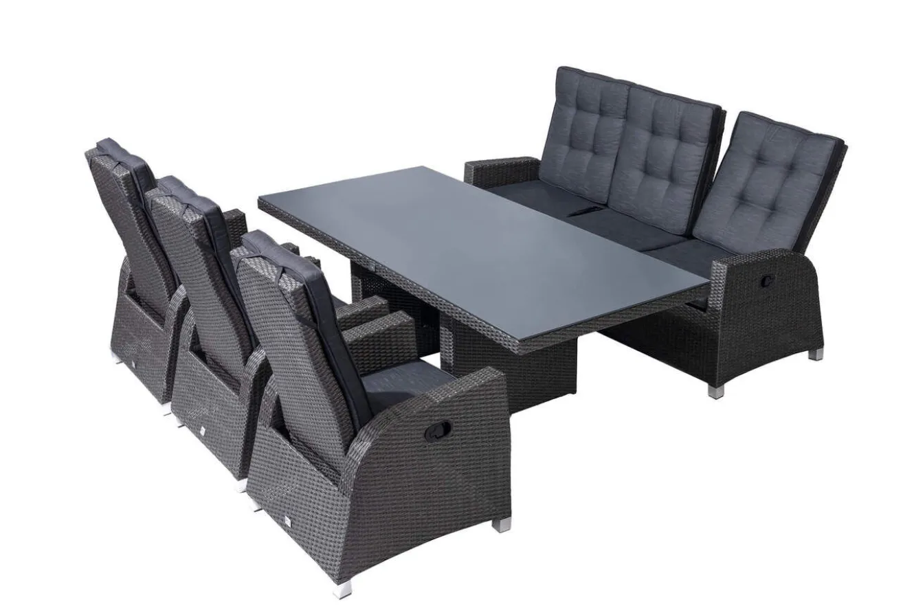 OUTFLEXX Rocking Comfort Garten-Essgruppe, grau/braun-meliert, Polyrattan, Tisch 220 x 100 cm, 3 Loungesessel+3-Sitzer