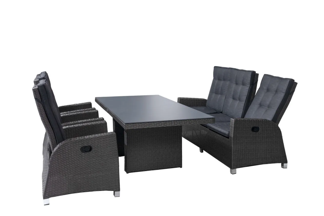 OUTFLEXX Rocking Comfort Garten-Essgruppe, grau/braun-meliert, Polyrattan, Tisch 220 x 100 cm, 3 Loungesessel+3-Sitzer
