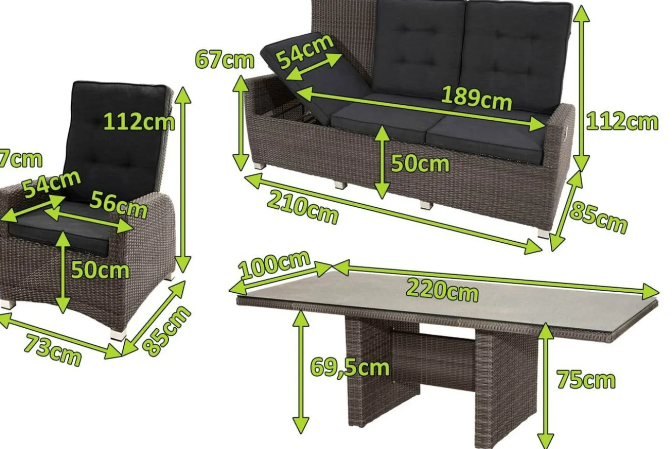 OUTFLEXX Rocking Comfort Garten-Essgruppe, grau/braun-meliert, Polyrattan, Tisch 220 x 100 cm, 3 Loungesessel+3-Sitzer