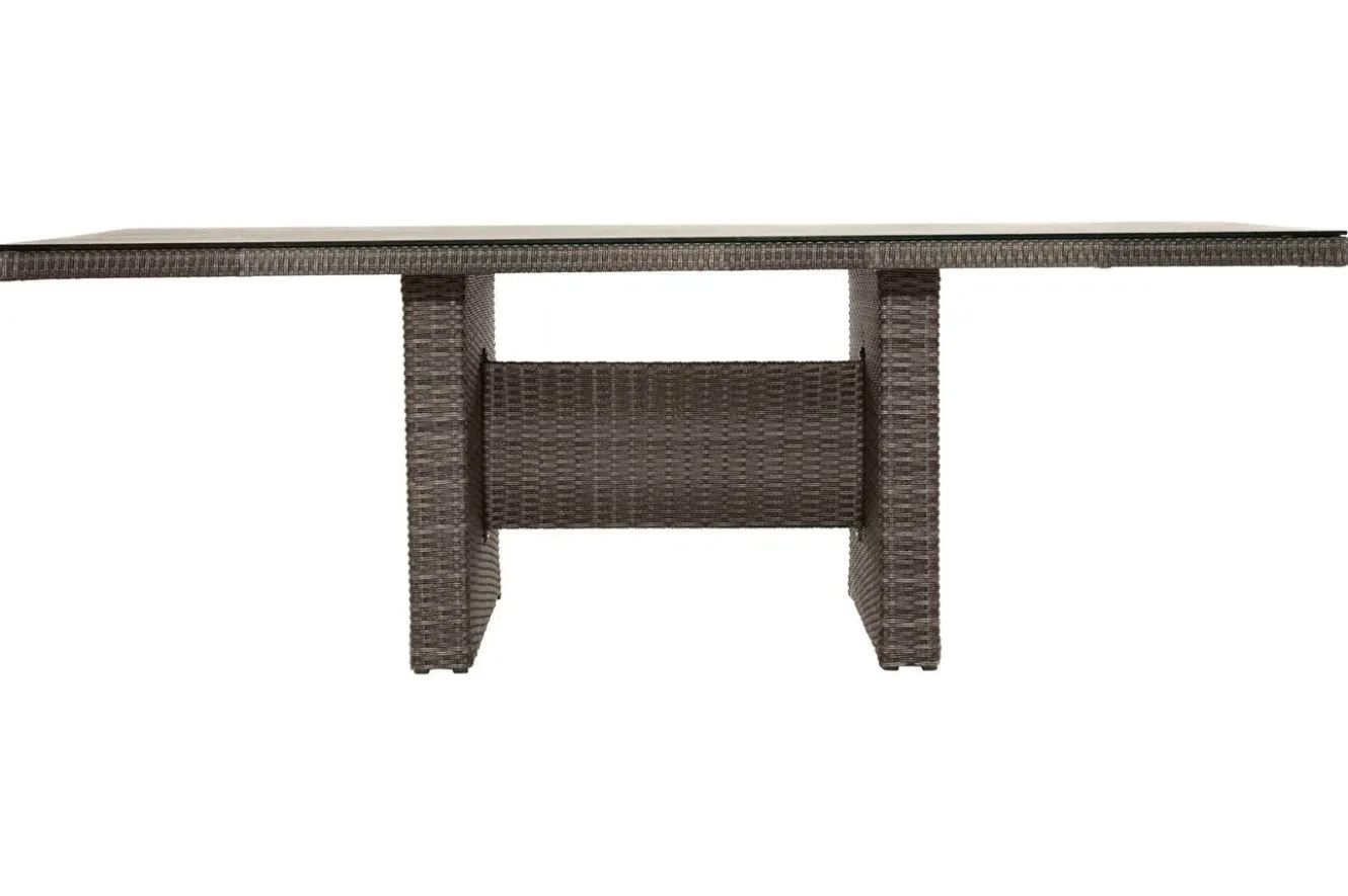 OUTFLEXX Rocking Comfort Garten-Essgruppe, grau/braun-meliert, Polyrattan, Tisch 220 x 100 cm, 3 Loungesessel+3-Sitzer