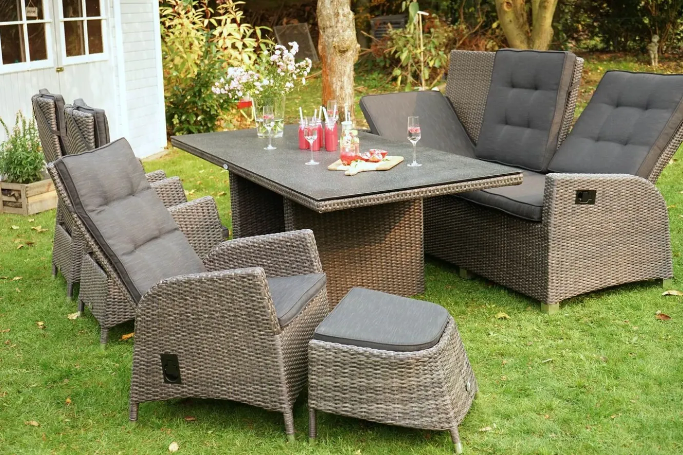 OUTFLEXX Rocking Comfort Garten-Essgruppe, grau/braun-meliert, Polyrattan, Tisch 220 x 100 cm, 6-7 Personen