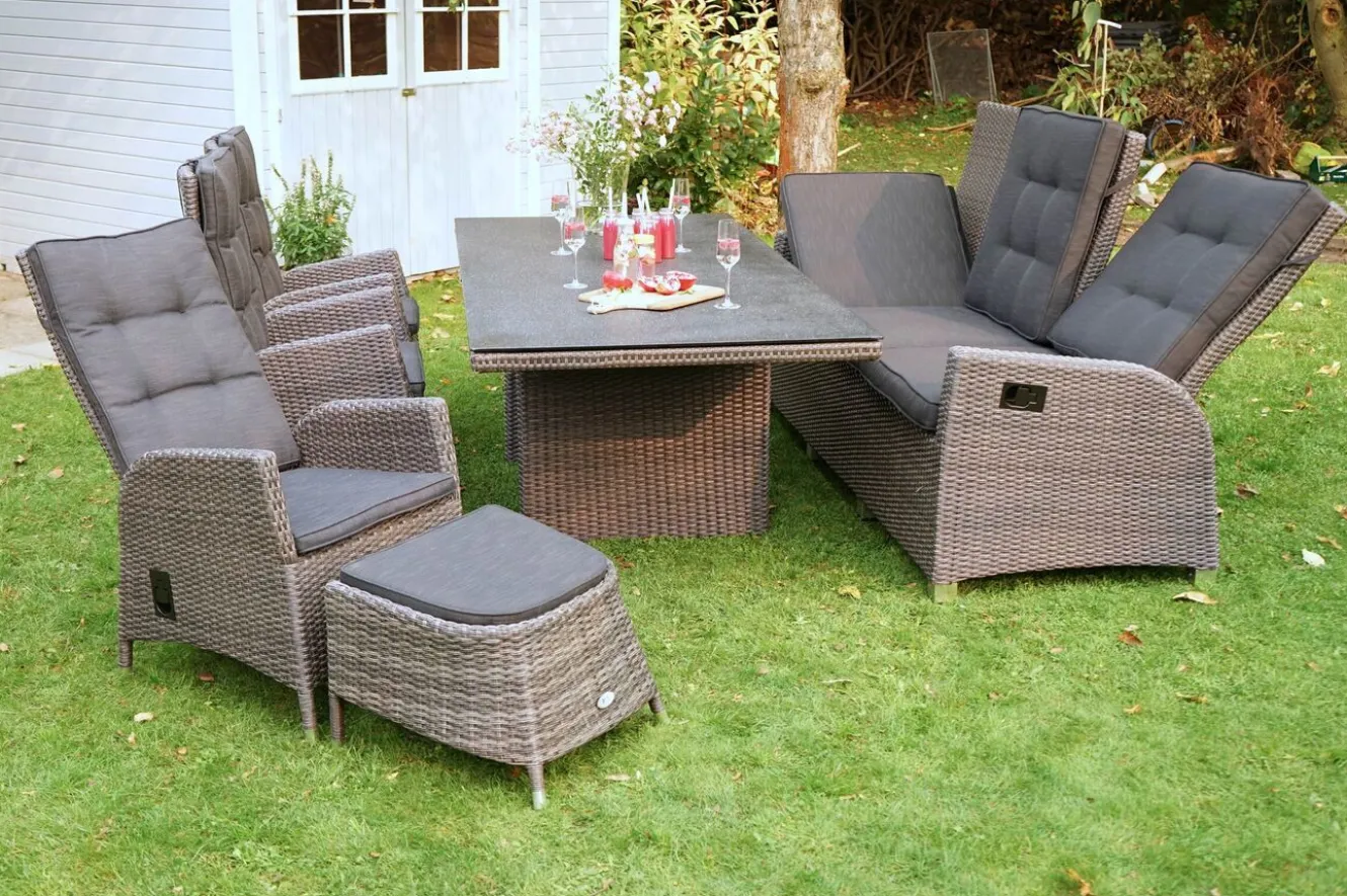 OUTFLEXX Rocking Comfort Garten-Essgruppe, grau/braun-meliert, Polyrattan, Tisch 220 x 100 cm, 6-7 Personen