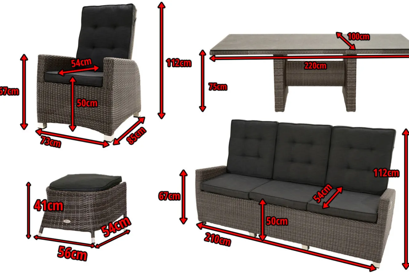 OUTFLEXX Rocking Comfort Garten-Essgruppe, grau/braun-meliert, Polyrattan, Tisch 220 x 100 cm, 6-7 Personen