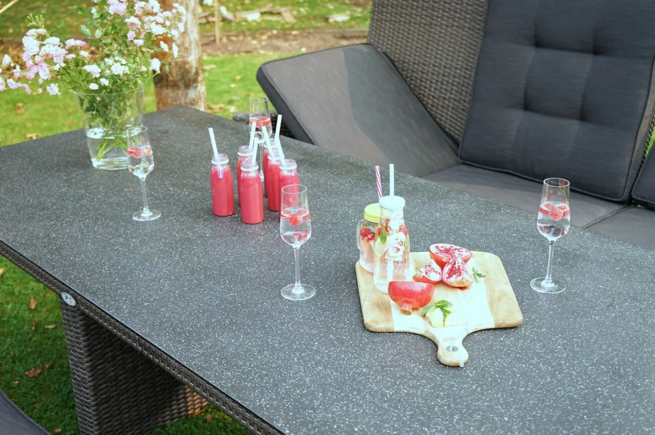 OUTFLEXX Rocking Comfort Garten-Essgruppe, grau/braun-meliert, Polyrattan, Tisch 220 x 100 cm, 6-7 Personen