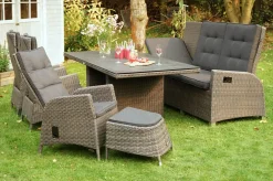 OUTFLEXX Rocking Comfort Garten-Essgruppe, grau/braun-meliert, Polyrattan, Tisch 220 x 100 cm, 6-7 Personen