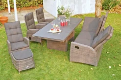 OUTFLEXX Rocking Comfort Garten-Essgruppe, grau/braun-meliert, Polyrattan, Tisch 220 x 100 cm, 6-7 Personen