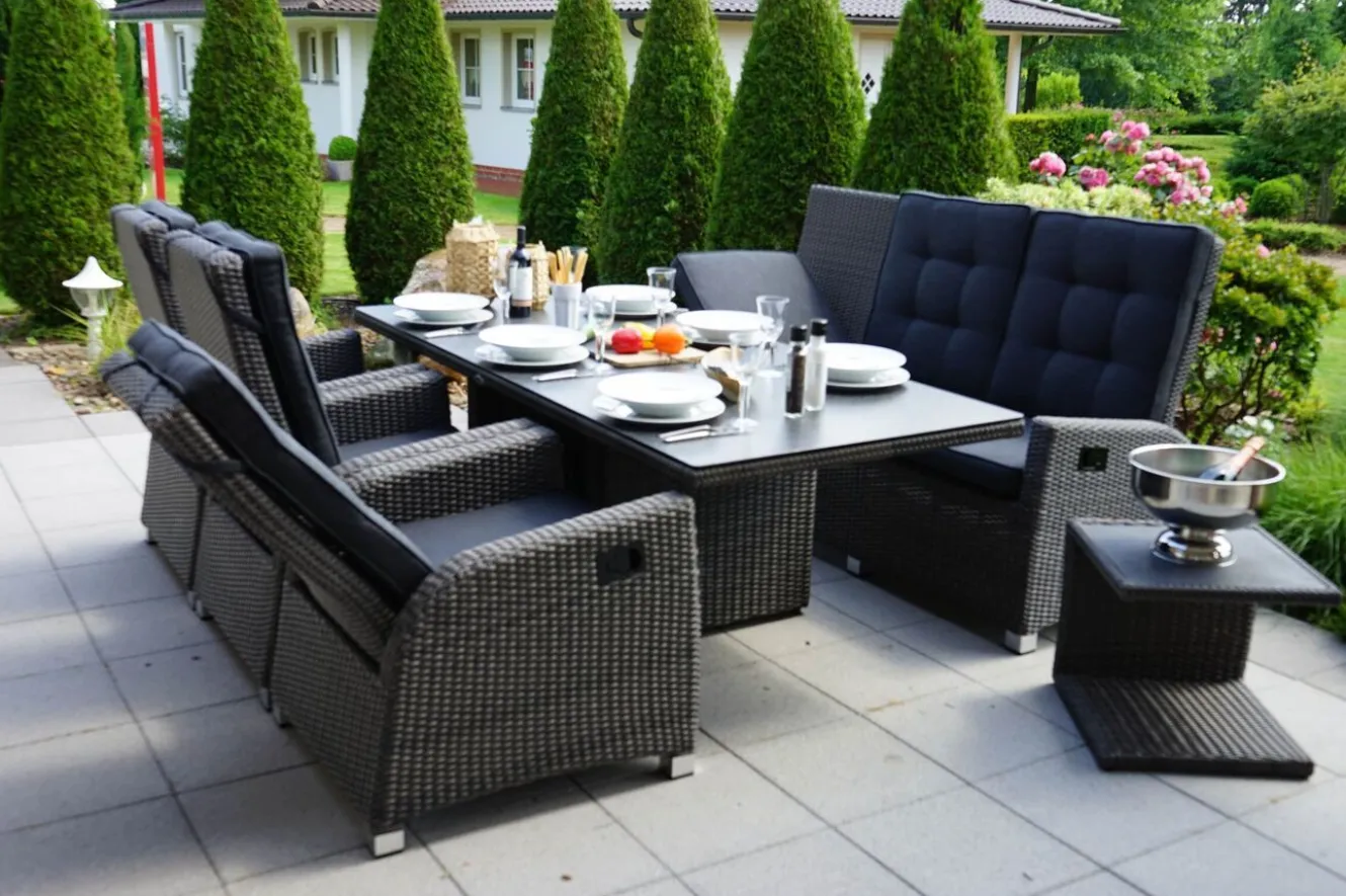 OUTFLEXX Rocking Comfort Set, grau/braun-meliert, Polyrattan, Tisch 220 x 100 cm, 6 Personen