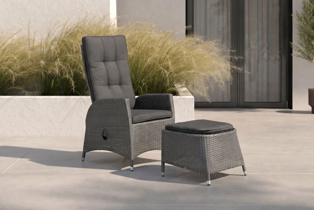 OUTFLEXX Rocking Dining Sessel, grau/braun-meliert, Polyrattan, verstellbar, mit Fußhocker
