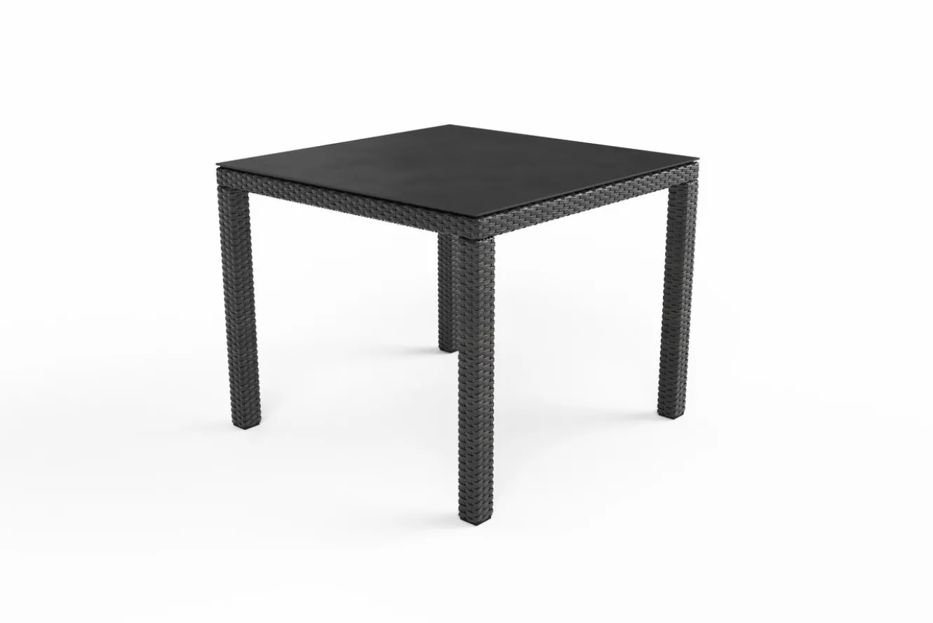 OUTFLEXX Rocking Dining Tisch, grau/braun-meliert, Polyrattan, 90 x 90 cm, Glasplatte in Steinoptik