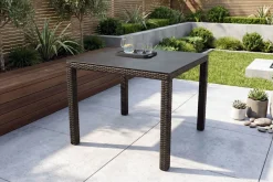 OUTFLEXX Rocking Dining Tisch, grau/braun-meliert, Polyrattan, 90 x 90 cm, Glasplatte in Steinoptik