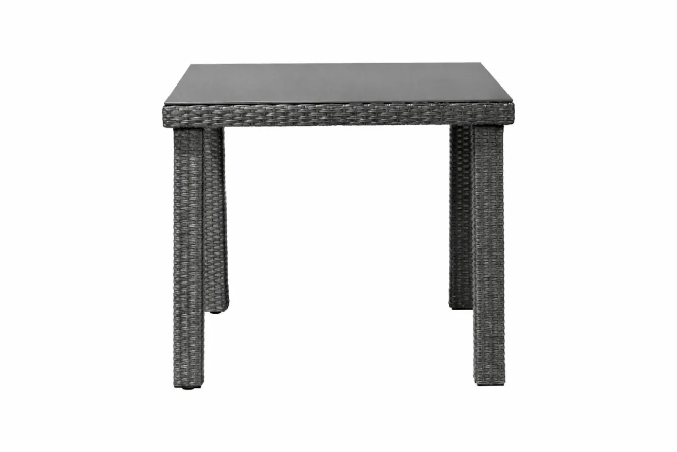 OUTFLEXX Rocking Dining Tisch, grau/braun-meliert, Polyrattan, 90 x 90 cm, Glasplatte in Steinoptik