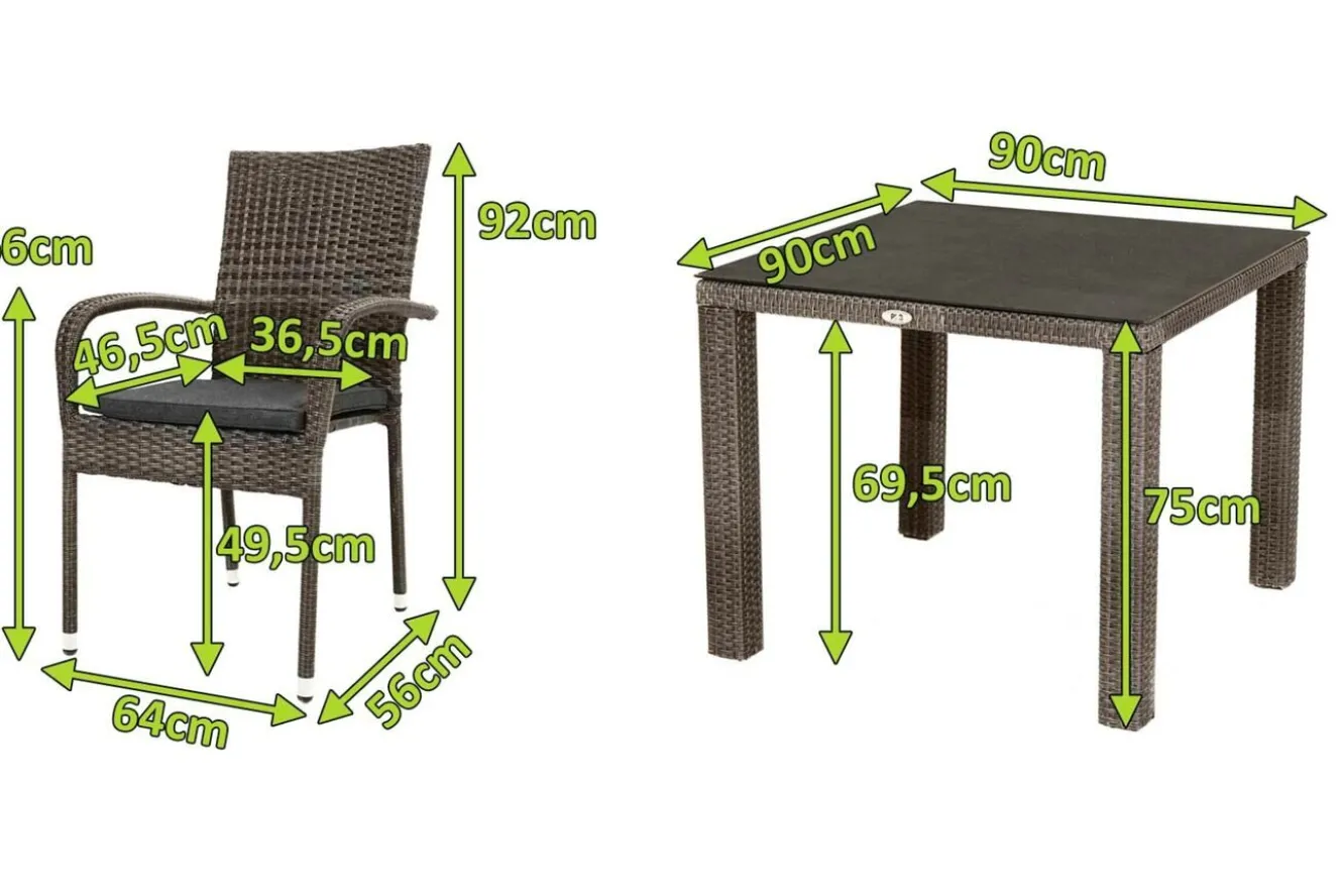 OUTFLEXX Rocking Garten-Essgruppe, grau/braun-meliert, Polyrattan, Tisch 90 x 90 cm, 4 Stapelstühle, Glasplatte in Steinoptik