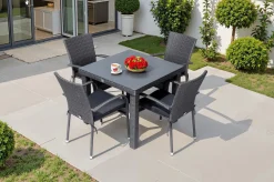 OUTFLEXX Rocking Garten-Essgruppe, grau/braun-meliert, Polyrattan, Tisch 90 x 90 cm, 4 Stapelstühle, Glasplatte in Steinoptik