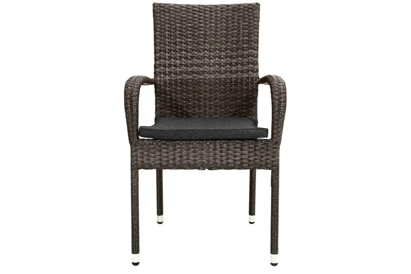 OUTFLEXX Rocking Garten-Essgruppe, grau/braun-meliert, Polyrattan, Tisch 90 x 90 cm, 4 Stapelstühle, Glasplatte in Steinoptik