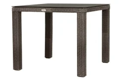 OUTFLEXX Rocking Garten-Essgruppe, grau/braun-meliert, Polyrattan, Tisch 90 x 90 cm, 4 Stapelstühle, Glasplatte in Steinoptik