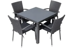 OUTFLEXX Rocking Garten-Essgruppe, grau/braun-meliert, Polyrattan, Tisch 90 x 90 cm, 4 Stapelstühle, Glasplatte in Steinoptik
