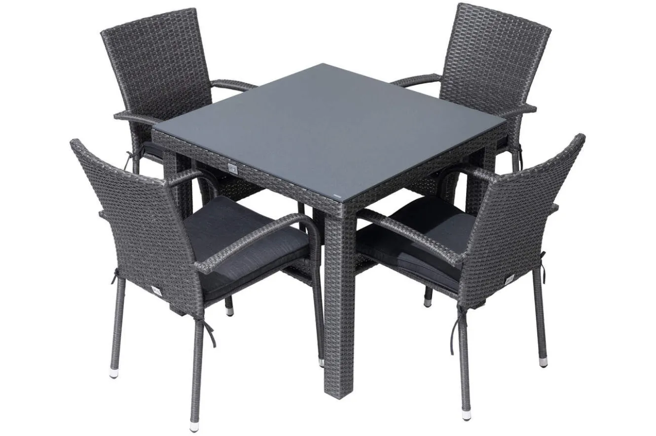 OUTFLEXX Rocking Garten-Essgruppe, grau/braun-meliert, Polyrattan, Tisch 90 x 90 cm, 4 Stapelstühle, Glasplatte in Steinoptik