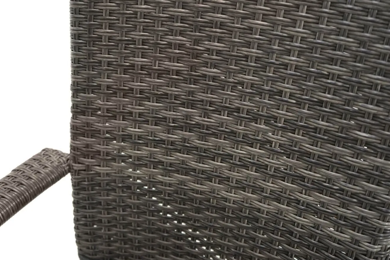 OUTFLEXX Rocking Garten-Essgruppe, grau/braun-meliert, Polyrattan, Tisch 90 x 90 cm, 4 Stapelstühle, Glasplatte in Steinoptik