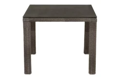 OUTFLEXX Rocking Garten-Essgruppe, grau/braun-meliert, Polyrattan, Tisch 90 x 90 cm, 4 Stapelstühle, Glasplatte in Steinoptik