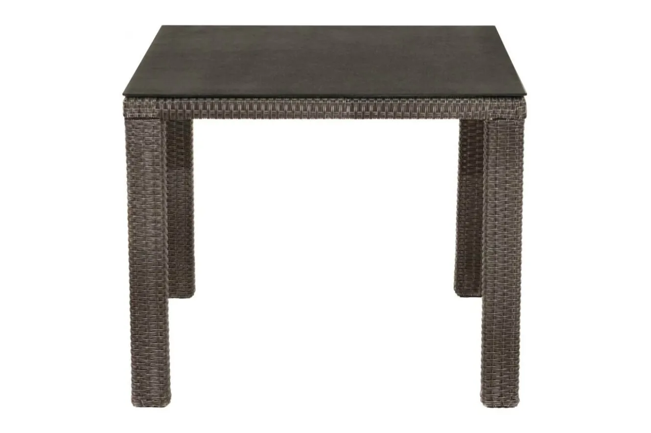 OUTFLEXX Rocking Garten-Essgruppe, grau/braun-meliert, Polyrattan, Tisch 90 x 90 cm, 4 Stapelstühle, Glasplatte in Steinoptik