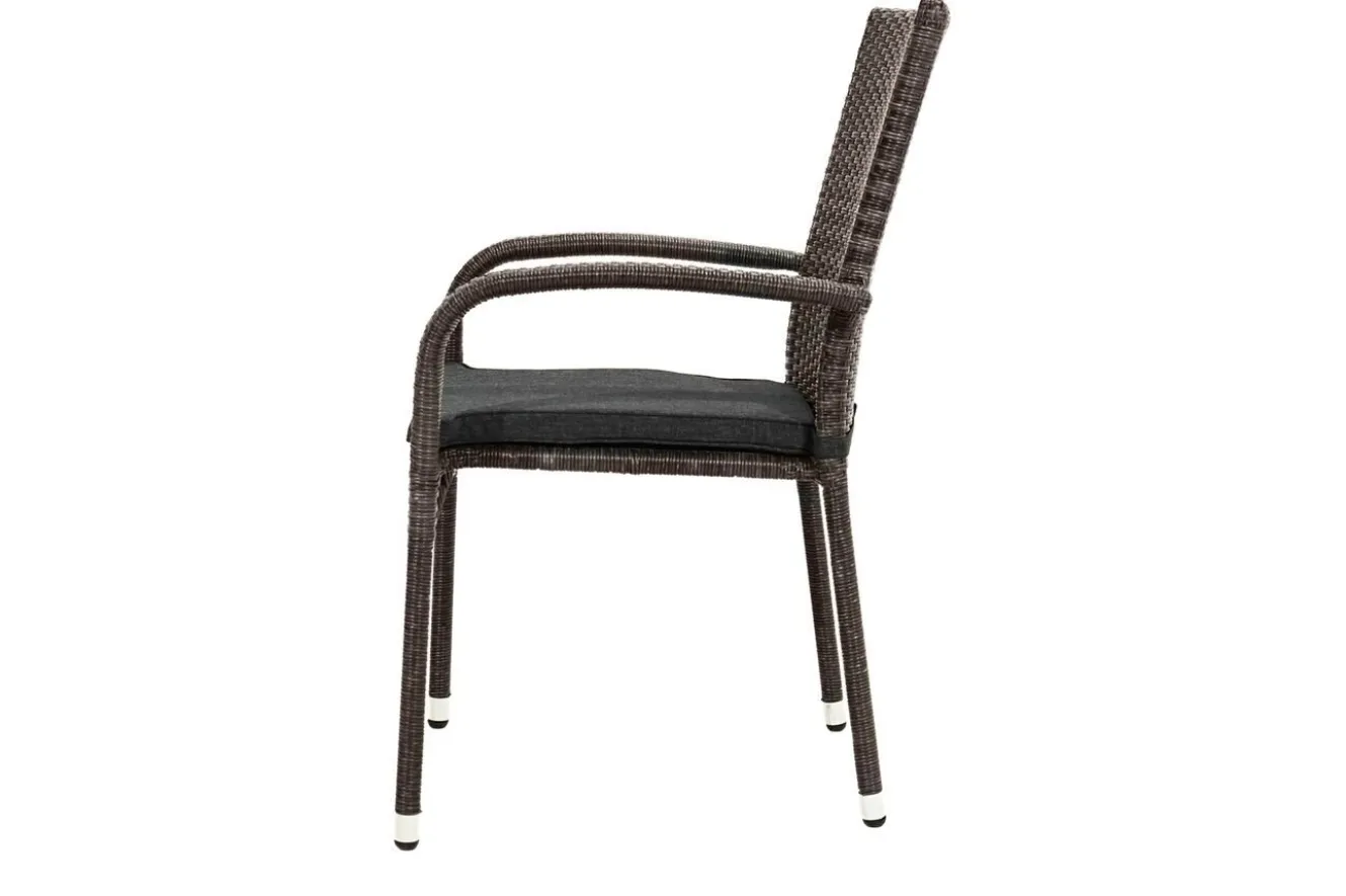 OUTFLEXX Rocking Garten-Essgruppe, grau/braun-meliert, Polyrattan, Tisch 90 x 90 cm, 4 Stapelstühle, Glasplatte in Steinoptik