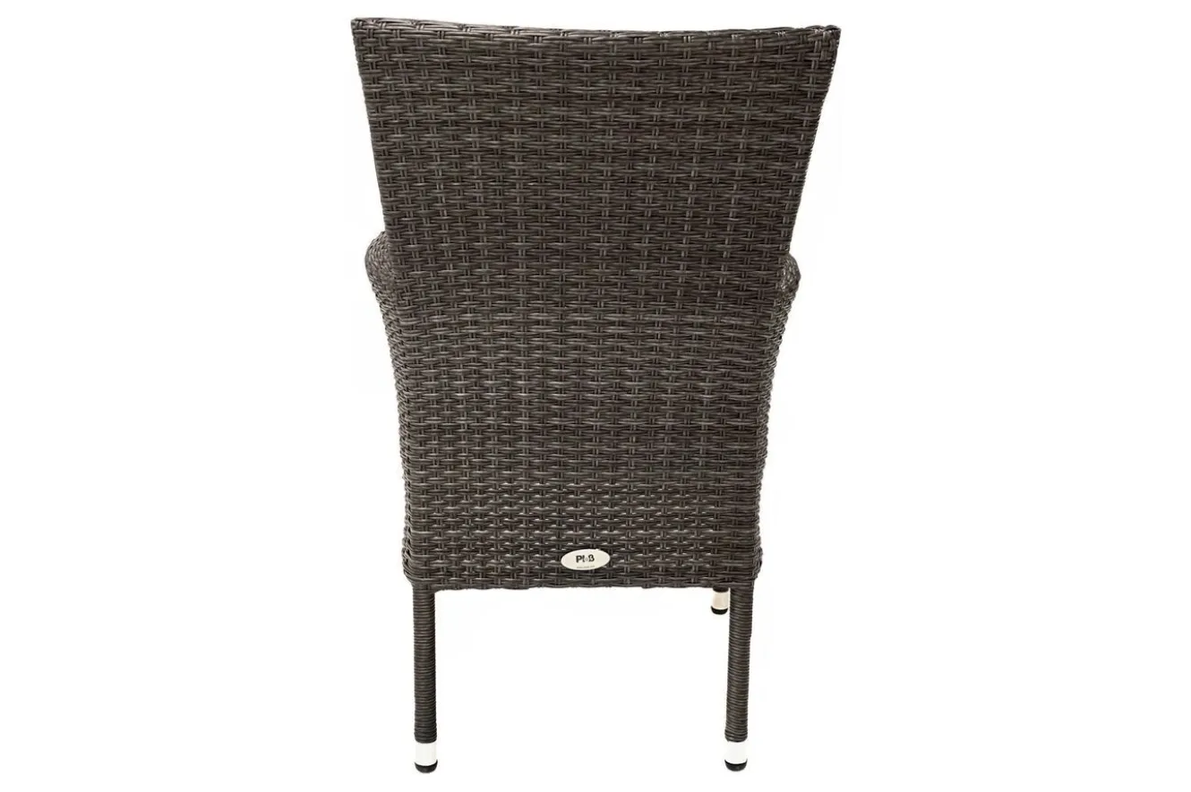 OUTFLEXX Rocking Garten-Essgruppe, grau/braun-meliert, Polyrattan, Tisch 90 x 90 cm, 4 Stapelsessel, Glasplatte in Steinoptik