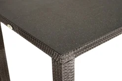 OUTFLEXX Rocking Garten-Essgruppe, grau/braun-meliert, Polyrattan, Tisch 90 x 90 cm, 4 Stapelsessel, Glasplatte in Steinoptik