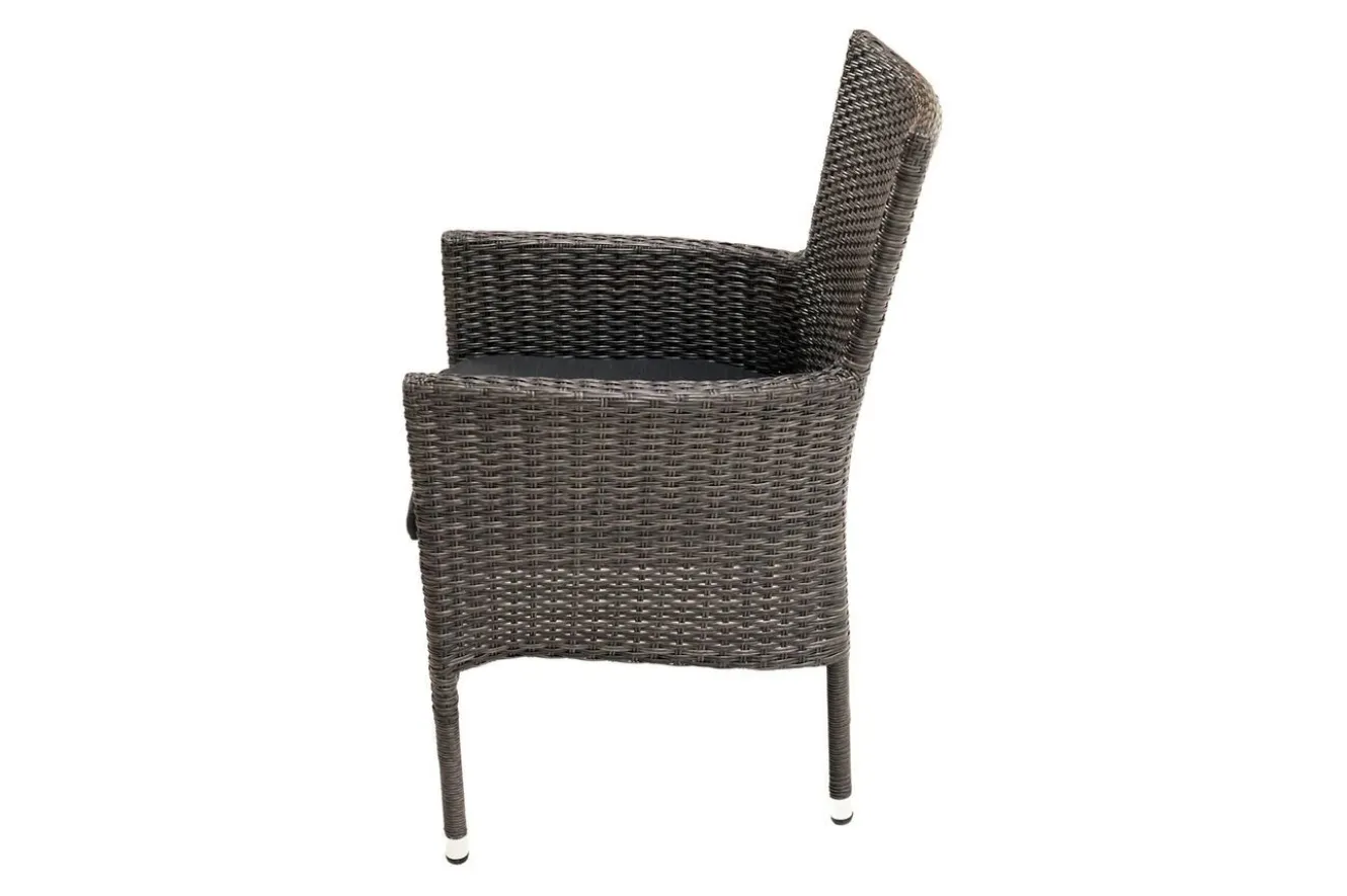 OUTFLEXX Rocking Garten-Essgruppe, grau/braun-meliert, Polyrattan, Tisch 90 x 90 cm, 4 Stapelsessel, Glasplatte in Steinoptik
