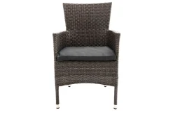 OUTFLEXX Rocking Garten-Essgruppe, grau/braun-meliert, Polyrattan, Tisch 90 x 90 cm, 4 Stapelsessel, Glasplatte in Steinoptik