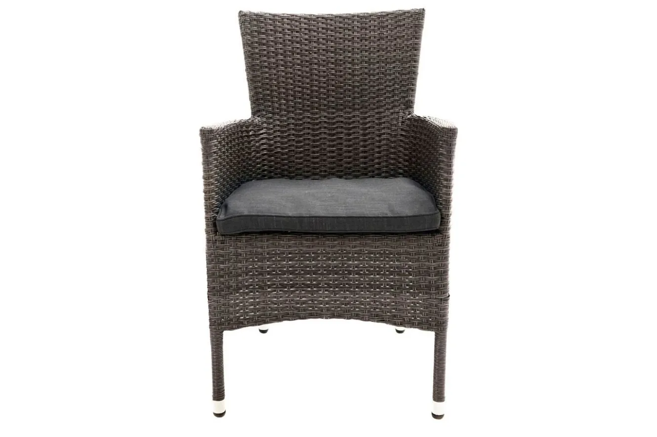 OUTFLEXX Rocking Garten-Essgruppe, grau/braun-meliert, Polyrattan, Tisch 90 x 90 cm, 4 Stapelsessel, Glasplatte in Steinoptik