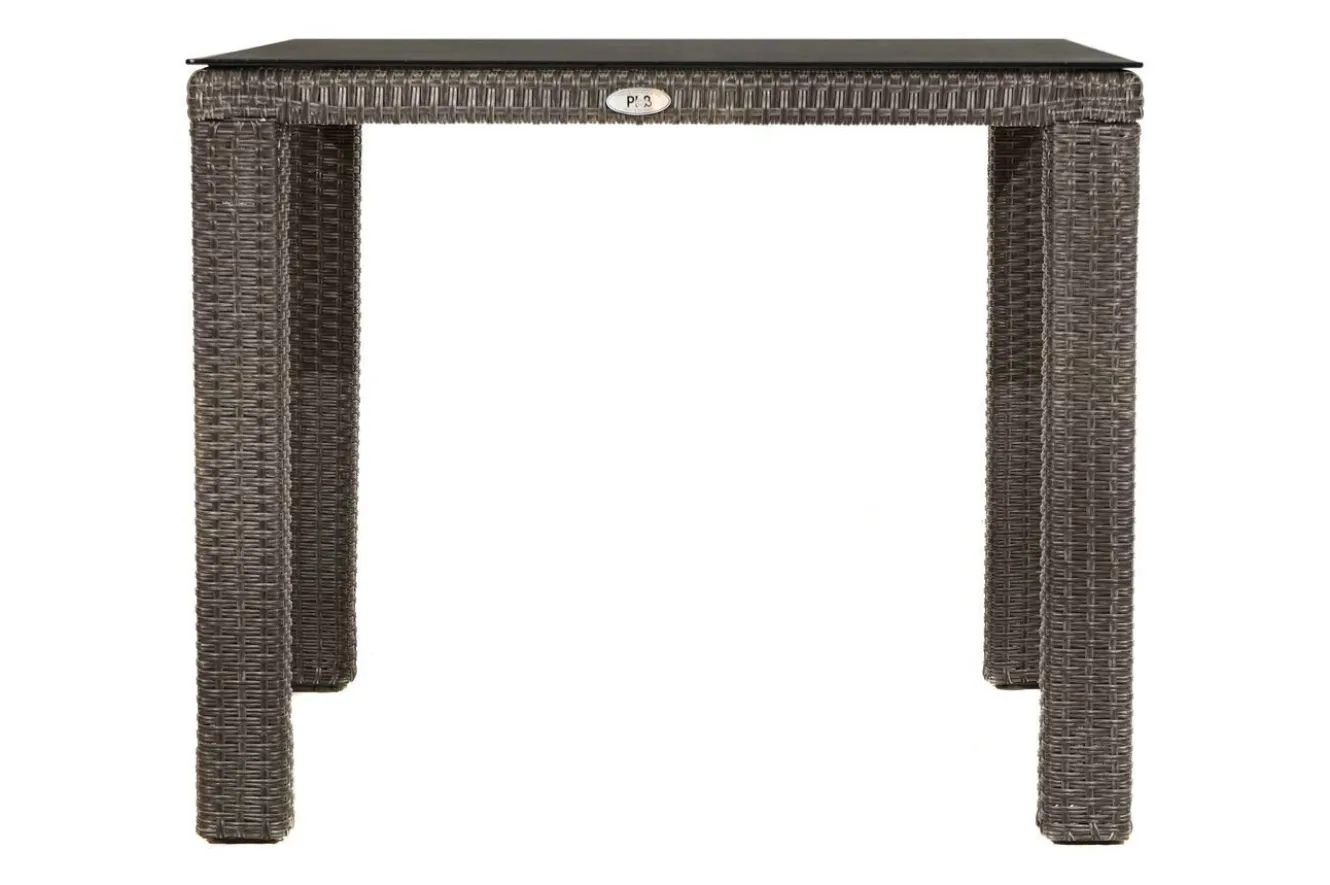 OUTFLEXX Rocking Garten-Essgruppe, grau/braun-meliert, Polyrattan, Tisch 90 x 90 cm, 4 Stapelsessel, Glasplatte in Steinoptik