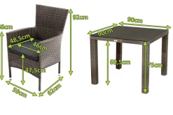 OUTFLEXX Rocking Garten-Essgruppe, grau/braun-meliert, Polyrattan, Tisch 90 x 90 cm, 4 Stapelsessel, Glasplatte in Steinoptik