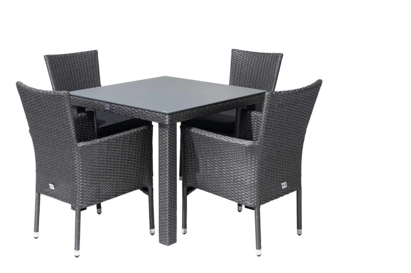 OUTFLEXX Rocking Garten-Essgruppe, grau/braun-meliert, Polyrattan, Tisch 90 x 90 cm, 4 Stapelsessel, Glasplatte in Steinoptik