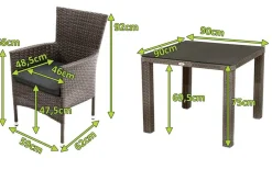 OUTFLEXX Rocking Garten-Essgruppe, grau/braun-meliert, Polyrattan, Tisch 90 x 90 cm, 4 Stapelsessel, Glasplatte in Steinoptik