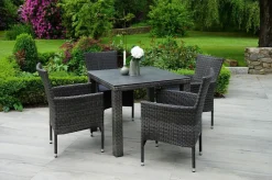 OUTFLEXX Rocking Garten-Essgruppe, grau/braun-meliert, Polyrattan, Tisch 90 x 90 cm, 4 Stapelsessel, Glasplatte in Steinoptik