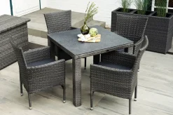 OUTFLEXX Rocking Garten-Essgruppe, grau/braun-meliert, Polyrattan, Tisch 90 x 90 cm, 4 Stapelsessel, Glasplatte in Steinoptik