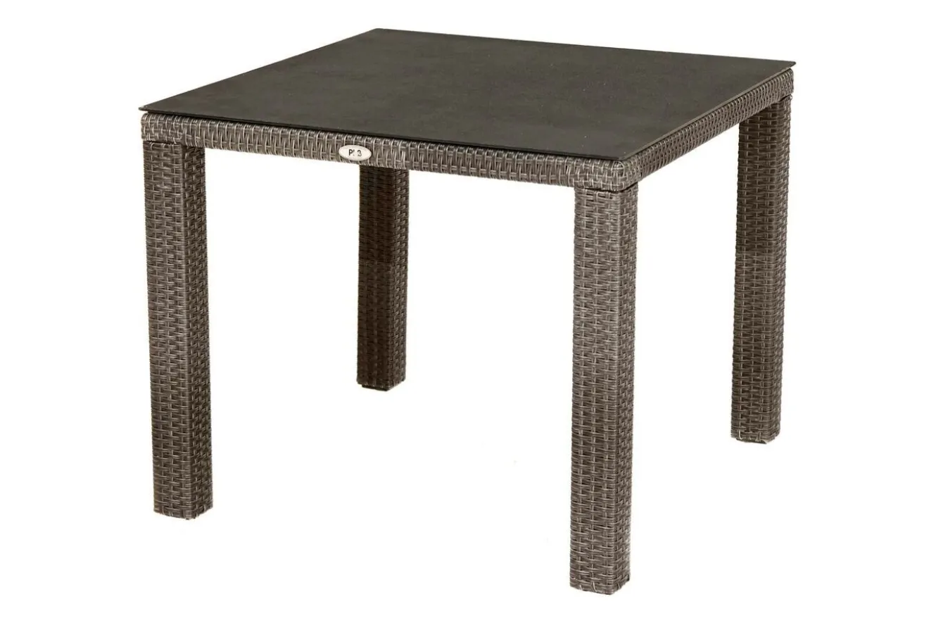 OUTFLEXX Rocking Garten-Essgruppe, grau/braun-meliert, Polyrattan, Tisch 90 x 90 cm, 4 Stapelsessel, Glasplatte in Steinoptik