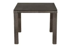 OUTFLEXX Rocking Garten-Essgruppe, grau/braun-meliert, Polyrattan, Tisch 90 x 90 cm, 4 Stapelsessel, Glasplatte in Steinoptik
