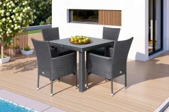 OUTFLEXX Rocking Garten-Essgruppe, grau/braun-meliert, Polyrattan, Tisch 90 x 90 cm, 4 Stapelsessel, Glasplatte in Steinoptik