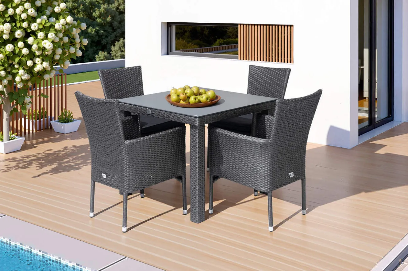 OUTFLEXX Rocking Garten-Essgruppe, grau/braun-meliert, Polyrattan, Tisch 90 x 90 cm, 4 Stapelsessel, Glasplatte in Steinoptik