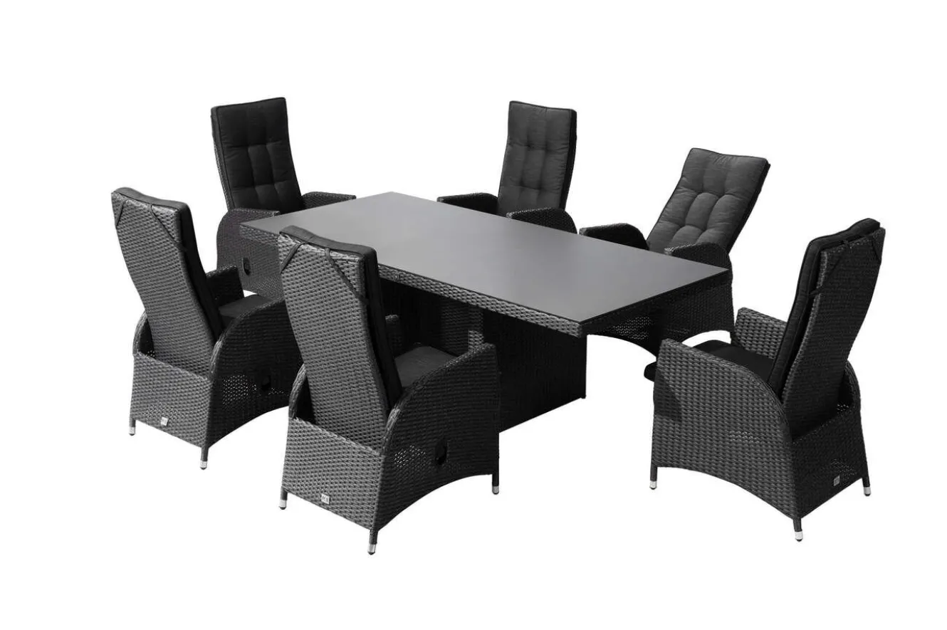 OUTFLEXX Rocking Garten-Essgruppe, grau/schwarz, Polyrattan, Tisch 220 x 100 cm, 6 Sessel