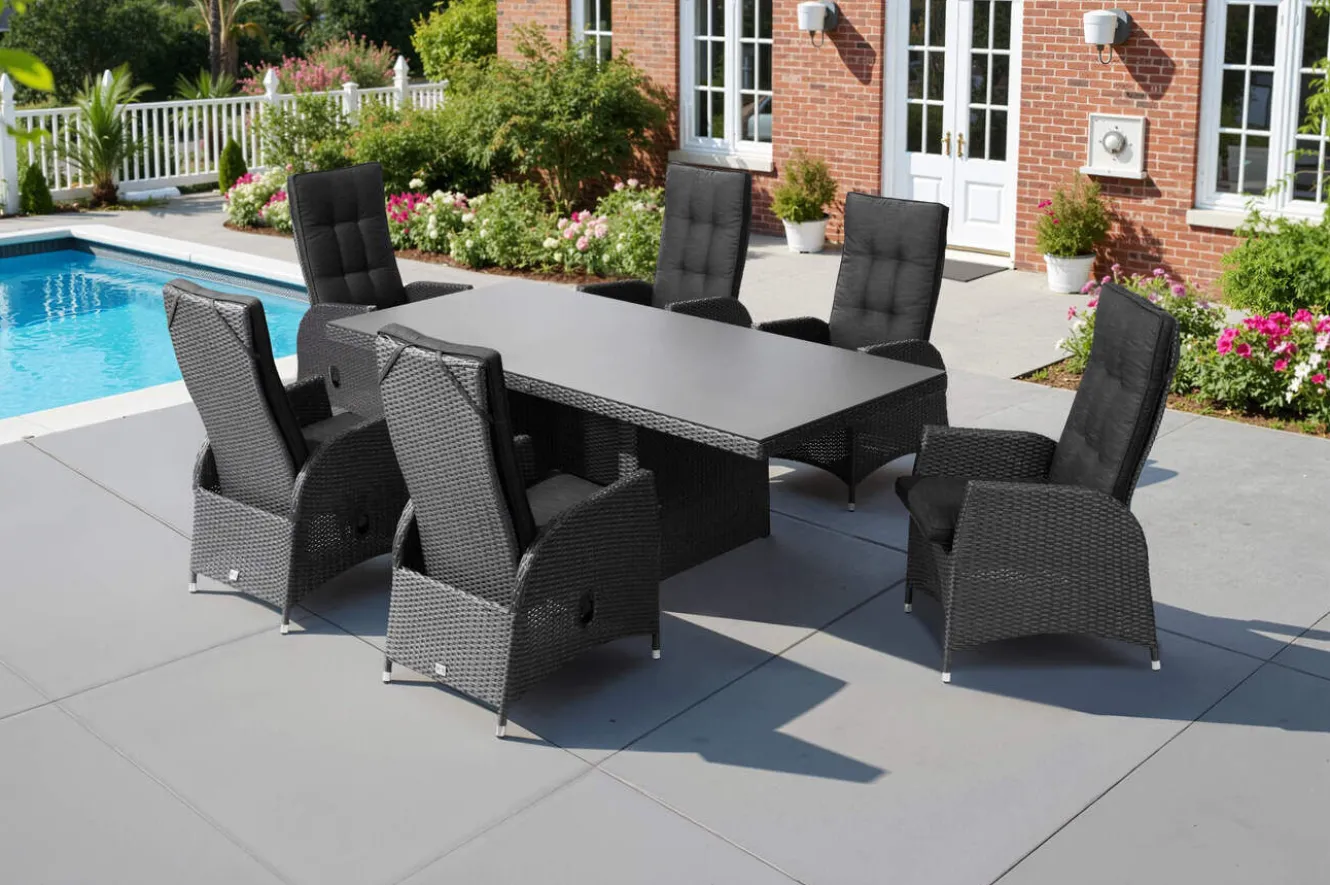 OUTFLEXX Rocking Garten-Essgruppe, grau/schwarz, Polyrattan, Tisch 220 x 100 cm, 6 Sessel