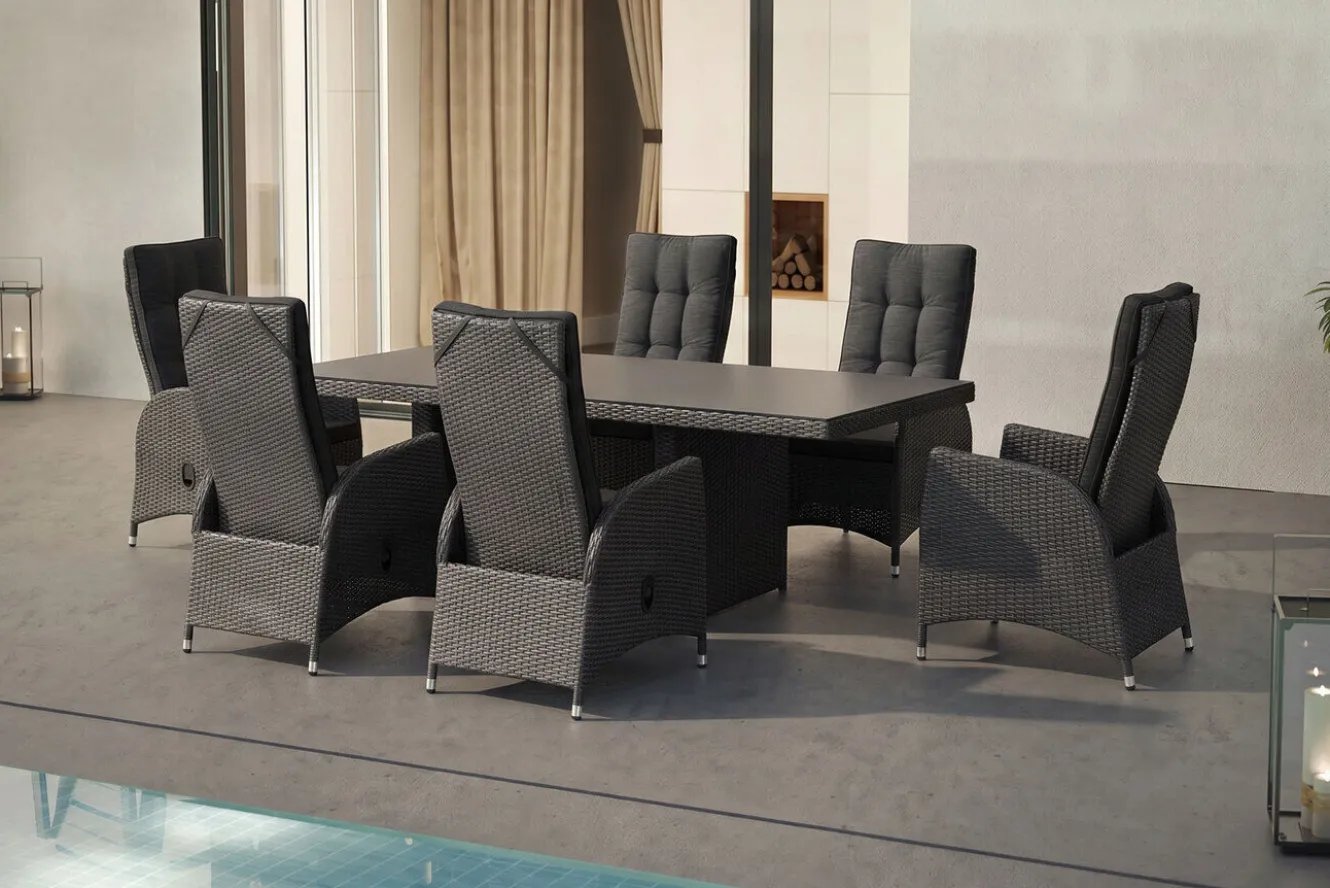 OUTFLEXX Rocking Garten-Essgruppe, grau/schwarz, Polyrattan, Tisch 220 x 100 cm, 6 Sessel