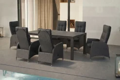 OUTFLEXX Rocking Garten-Essgruppe, grau/braun-meliert, Polyrattan, Tisch 180 x 110 cm, 6 Sessel