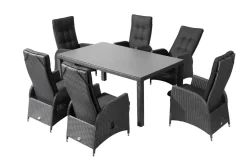 OUTFLEXX Rocking Garten-Essgruppe, grau/braun-meliert, Polyrattan, Tisch 180 x 110 cm, 6 Sessel